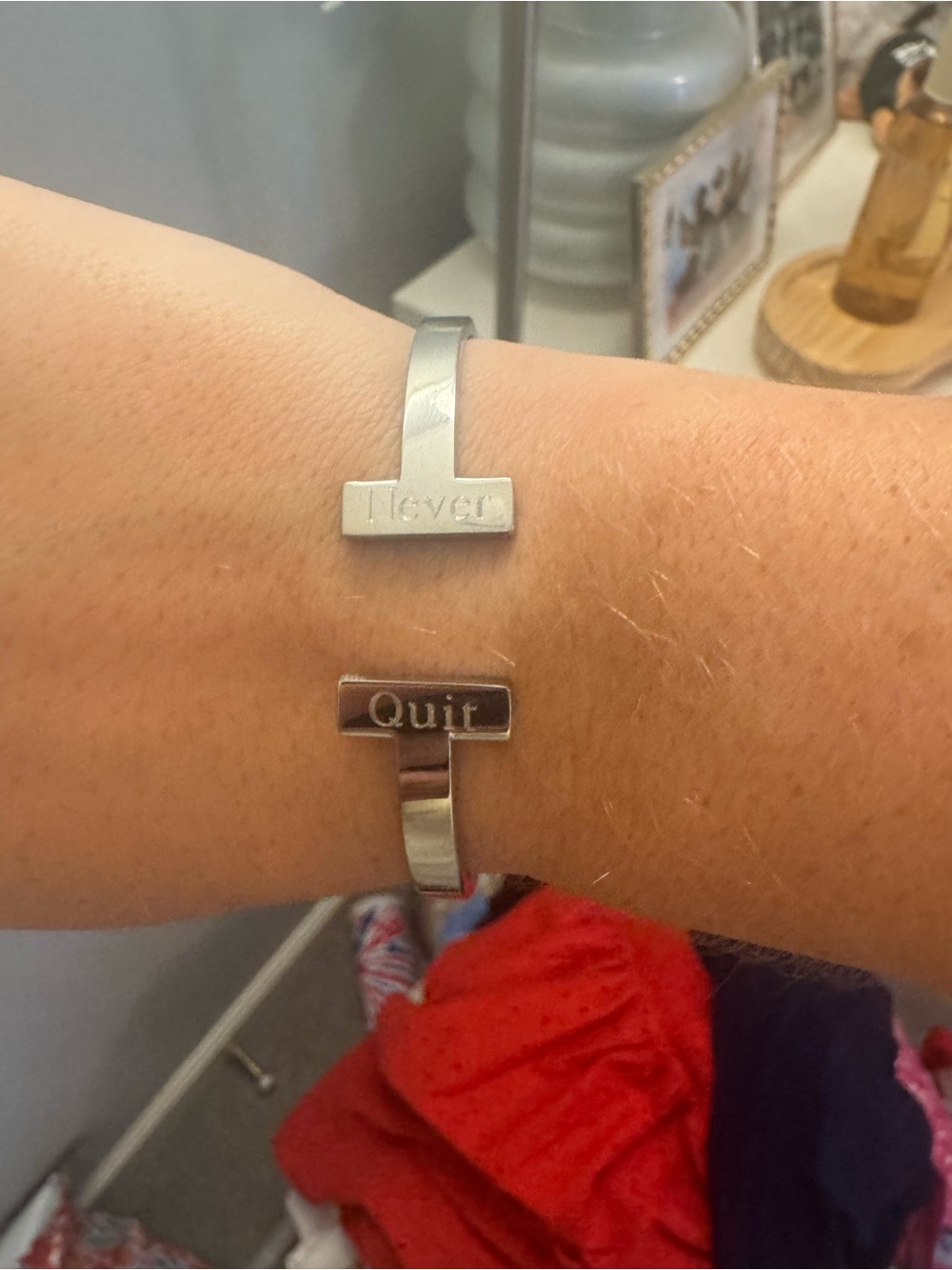 Silver 'Never Quit' Inspirational Stainless Steel Cuff Bracelet